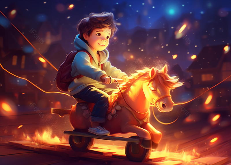 星空夜晚骑着木马男孩节日插画手绘背景,插画/手绘图,插画/手绘图库,插画/手绘图下载,插画/手绘